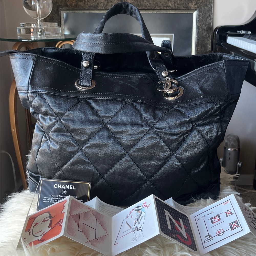 AUTH CHANEL Quilted Coated Canvas Paris Biarritz Black Grand Shopping Tote Bag